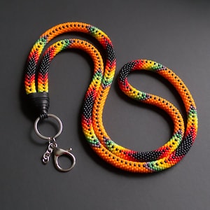 Orange Ethnic Style Lanyard, Colorful Fashion Lanyard, Beadwork Lanyard, Badge Holder, Beaded Id Holder, ID Card Necklace MADE TO Order