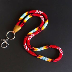 Red Native Style Lanyard, Fashion Lanyard, Beadwork Lanyard, Red Lanyard, Badge Holder, Beaded Id Holder, ID Card Necklace MADE TO Order