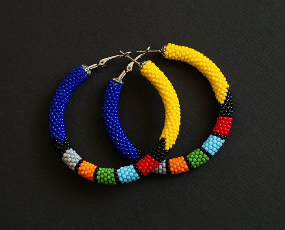 Handmade Cobalt Blue and Yellow African Style Hoop Earrings – Zulu and Maasai Inspired Beadwork Jewelry, Ethnic Hoops (Made to Order)