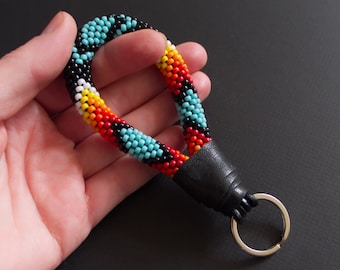 Colorful Beadwork Keychain, Ethnic Style Key Fob, Black Turquoise Beadwork Keychain, Beaded Wristlet Key Fob MADE TO ORDER