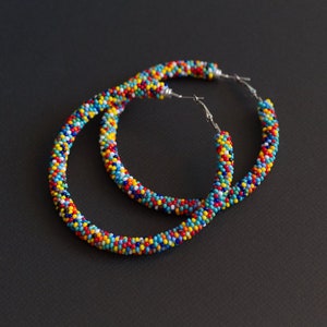 Colorful Earrings, Multicolor Beaded Earrings, Beaded Hoop Earrings, Beadwork Hoop Earrings, Bead Crochet Hoops, Colorful Hoops, Polka Dots image 2