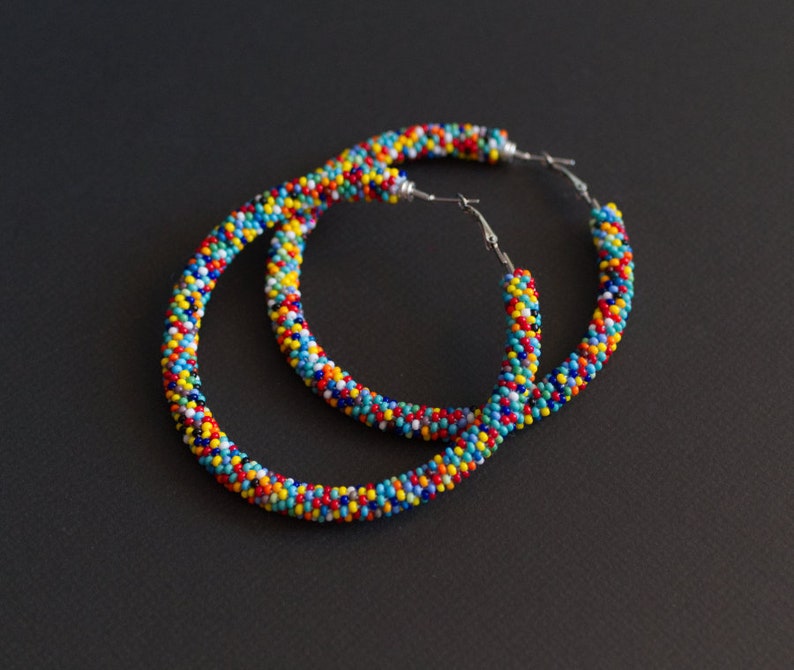 Colorful Earrings, Multicolor Beaded Earrings, Beaded Hoop Earrings, Beadwork Hoop Earrings, Bead Crochet Hoops, Colorful Hoops, Polka Dots image 2