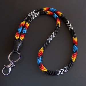 Black Native Style Lanyard, Id Card Necklace, Black Beaded Lanyard, Badge Holder Beaded Id Holder, Badge Holder Necklace - MADE TO ORDER