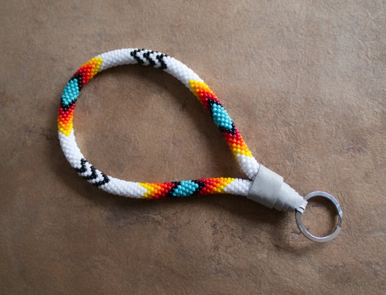 White Native Style Keychain Beaded Wristlet Ethnic Inspired Etsy