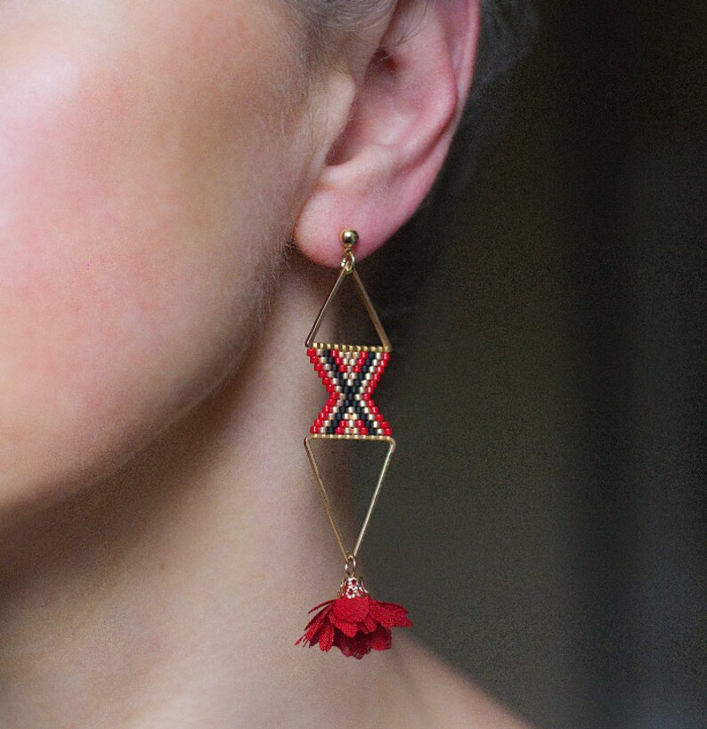 Himmeli Inspired Earrings Boho Floral Earrings Boho Chic Earrings Red and Gold Ethnic Earrings Geometric Earrings Golden Earrings