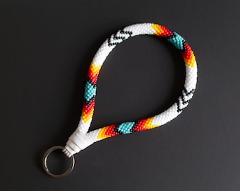 White Native Style Keychain, Beaded Wristlet, Ethnic Inspired Wristlet, Wrist Keychain, Beaded Maximalist Wristlet Key Fob MADE TO ORDER