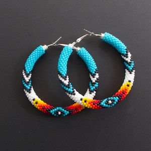 Turquoise Native Style Earrings, Ethnic Style Hoop Earrings, Southwestern Style Hoops, Bead Crochet Hoops, Ethnic Beadwork MADE TO ORDER image 6