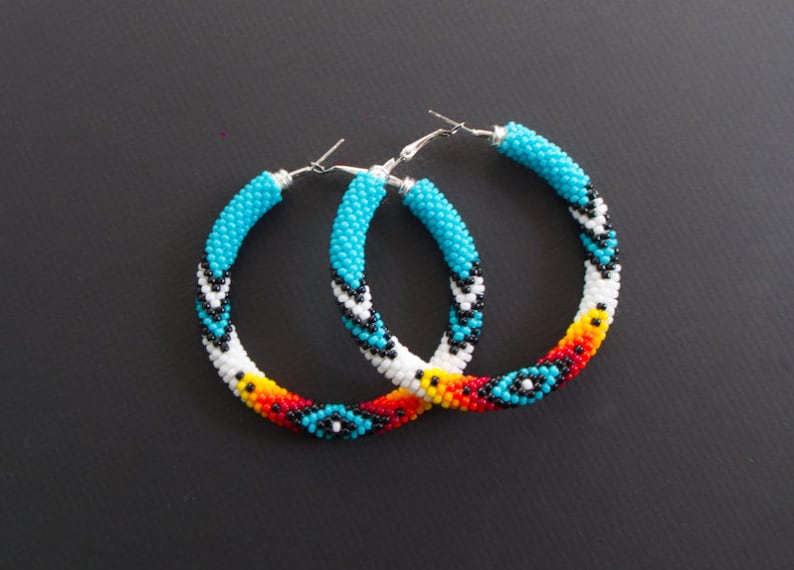 Turquoise Native Style Earrings, Ethnic Style Hoop Earrings, Southwestern Style Hoops, Bead Crochet Hoops, Ethnic Beadwork MADE TO ORDER image 6