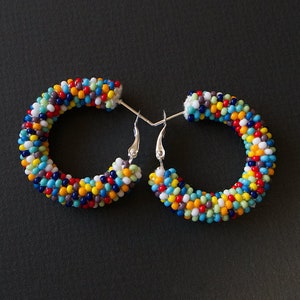 Colorful Earrings, Multicolor Beaded Earrings, Beaded Hoop Earrings, Beadwork Hoop Earrings, Bead Crochet Hoops, Colorful Hoops, Polka Dots image 6