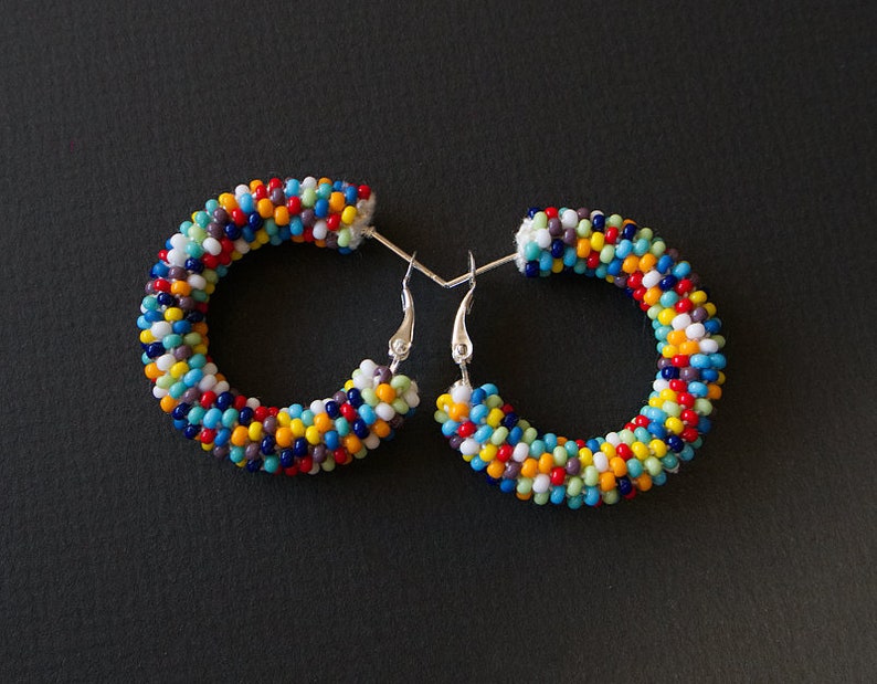 Colorful Earrings, Multicolor Beaded Earrings, Beaded Hoop Earrings, Beadwork Hoop Earrings, Bead Crochet Hoops, Colorful Hoops, Polka Dots image 6