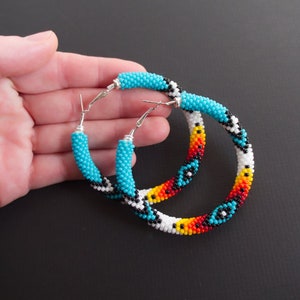 Turquoise Native Style Earrings, Ethnic Style Hoop Earrings, Southwestern Style Hoops, Bead Crochet Hoops, Ethnic Beadwork MADE TO ORDER image 7