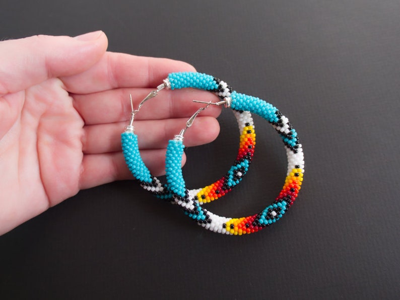 Turquoise Native Style Earrings, Ethnic Style Hoop Earrings, Southwestern Style Hoops, Bead Crochet Hoops, Ethnic Beadwork MADE TO ORDER image 7