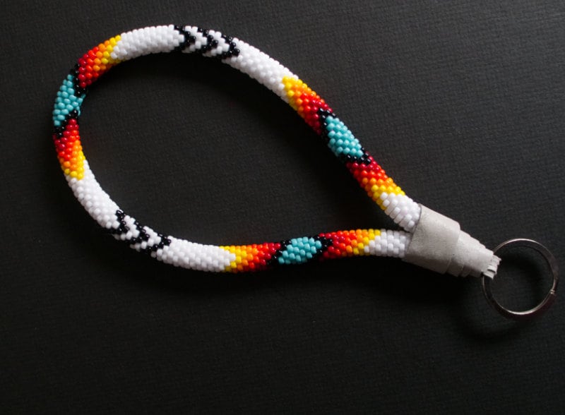 White Native Style Keychain Beaded Wristlet Ethnic Inspired Etsy Canada