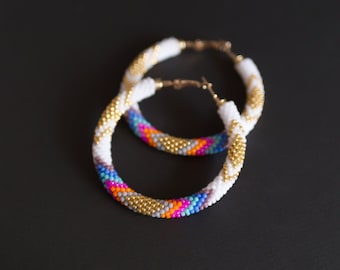 White Golden Native Style Earrings, Ethnic Style Hoop Earrings, Southwest Style Hoops, Bead Crochet Hoops Beadwork Hoops MADE TO ORDER