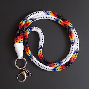 White Ethnic Style Lanyard, Colorful Fashion Lanyard, Beadwork Lanyard, Badge Holder, Beaded Id Holder, ID Card Necklace MADE TO Order