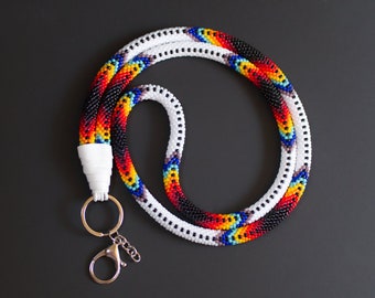 White Ethnic Style Lanyard, Colorful Fashion Lanyard, Beadwork Lanyard, Badge Holder, Beaded Id Holder, ID Card Necklace MADE TO Order