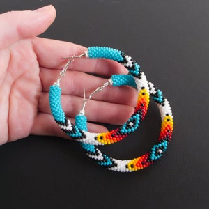 Turquoise Native Style Earrings, Ethnic Style Hoop Earrings, Southwestern Style Hoops, Bead Crochet Hoops, Ethnic Beadwork MADE TO ORDER image 5