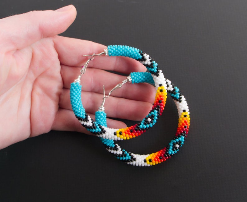Turquoise Native Style Earrings, Ethnic Style Hoop Earrings, Southwestern Style Hoops, Bead Crochet Hoops, Ethnic Beadwork MADE TO ORDER image 5