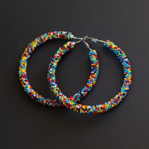 Colorful Earrings, Multicolor Beaded Earrings, Beaded Hoop Earrings, Beadwork Hoop Earrings, Bead Crochet Hoops, Colorful Hoops, Polka Dots image 1