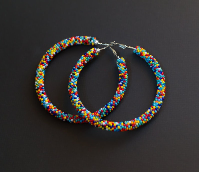 Colorful Earrings, Multicolor Beaded Earrings, Beaded Hoop Earrings, Beadwork Hoop Earrings, Bead Crochet Hoops, Colorful Hoops, Polka Dots image 1