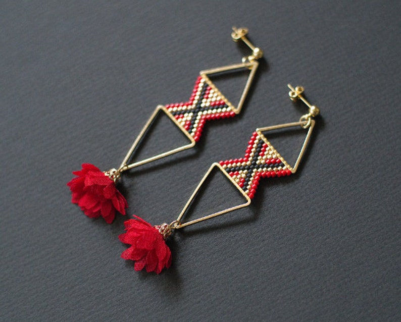 Himmeli Inspired Earrings Boho Floral Earrings Boho Chic Earrings Red and Gold Ethnic Earrings Geometric Earrings Golden Earrings