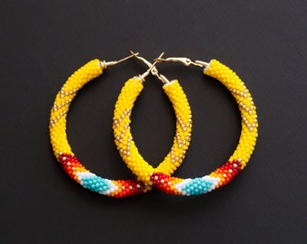 Yellow Native Style Earrings, Ethnic Style Hoop Earrings, Southwestern Style Hoops, Bead Crochet Hoops, Ethnic Beadwork MADE TO ORDER