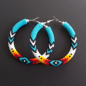 Turquoise Native Style Earrings, Ethnic Style Hoop Earrings, Southwestern Style Hoops, Bead Crochet Hoops, Ethnic Beadwork MADE TO ORDER image 3