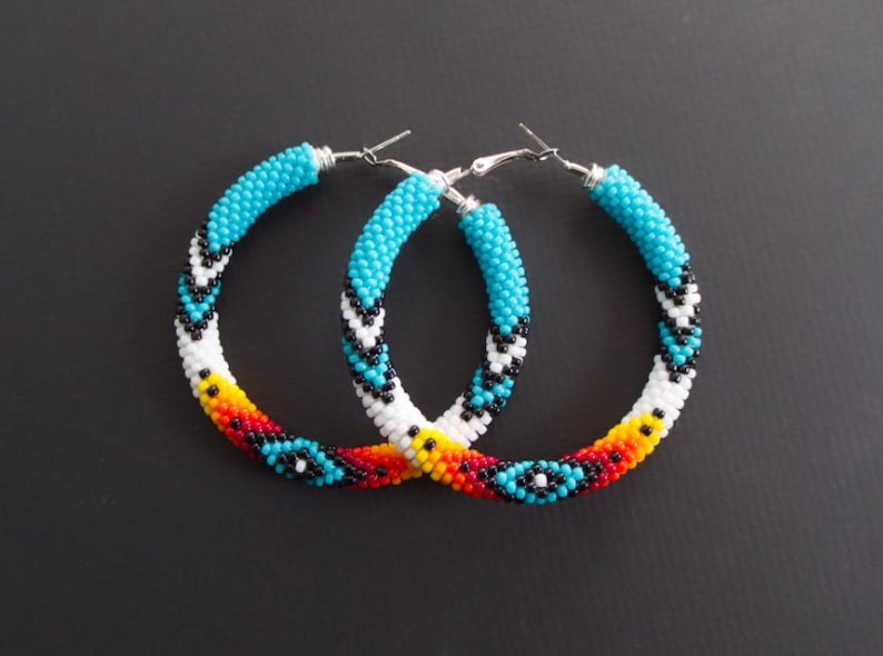 Turquoise Native Style Earrings, Ethnic Style Hoop Earrings, Southwestern Style Hoops, Bead Crochet Hoops, Ethnic Beadwork MADE TO ORDER image 3