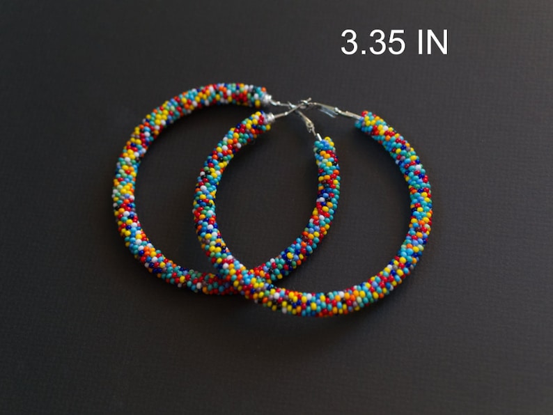 Colorful Earrings, Multicolor Beaded Earrings, Beaded Hoop Earrings, Beadwork Hoop Earrings, Bead Crochet Hoops, Colorful Hoops, Polka Dots image 3