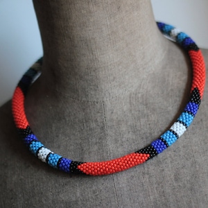 Blue Orange African Inspired Necklace, African Style Necklace, Orange Beadwork Necklace, Tribal Necklace, Ethnic  Necklace MADE TO ORDER