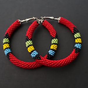 Red African Style Earrings, Red Beaded Earrings, Red Hoop Earrings, Hoop Beadwork Earrings, Ethnic Earrings, Hoop Earrings MADE TO ORDER