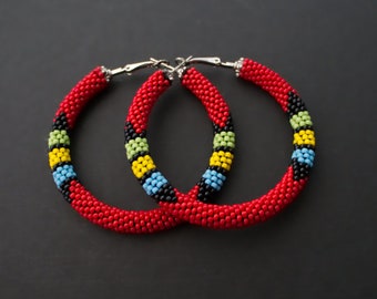 Red African Style Earrings, Red Beaded Earrings, Red Hoop Earrings, Hoop Beadwork Earrings, Ethnic Earrings, Hoop Earrings MADE TO ORDER