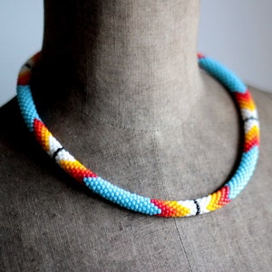 Turquoise Native Style Necklace, Blue Handbeaded Necklace, Bead Crochet Necklace, Ethnic Style Beadwork, Folk Beadwork -MADE TO ORDER