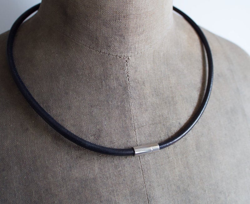 Thick Black Leather Necklace, Magnetic Clasp Necklace, Mens