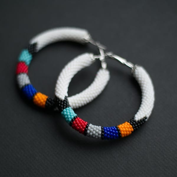 White African Style Earrings, White Zulu Inspired Earrings, Colorful Hoop Earrings, Hoop Beaded Earrings, Ethnic Earrings MADE TO ORDER