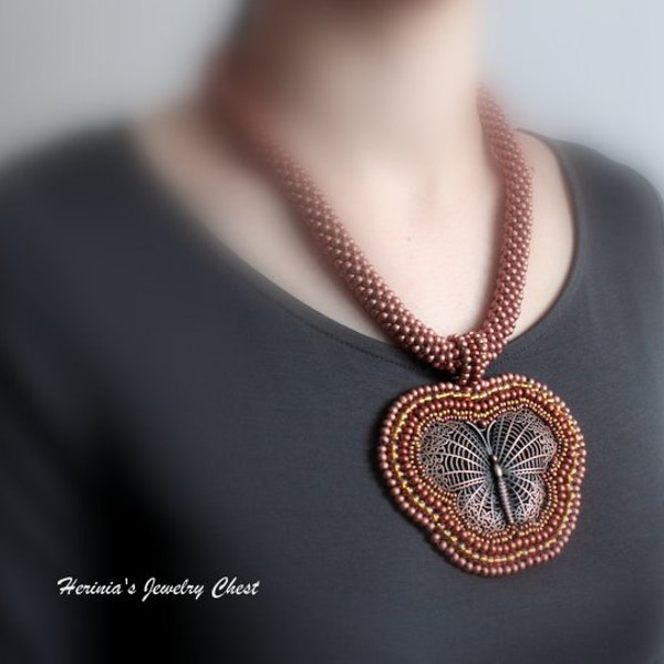 Butterfly Necklace, Copper Necklace, Boho Necklace, Bohemian Necklace, Ethnic Necklace, Bead Crochet, Beaded Necklace, Antique Copper