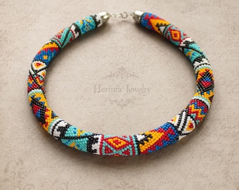 Black, Orange, Red and Turquoise Necklace in Southwestern Native Inspired Style