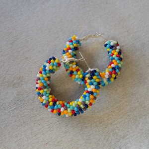 Colorful Earrings, Multicolor Beaded Earrings, Beaded Hoop Earrings, Beadwork Hoop Earrings, Bead Crochet Hoops, Colorful Hoops, Polka Dots image 7