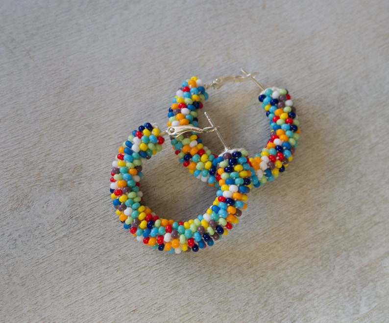 Colorful Earrings, Multicolor Beaded Earrings, Beaded Hoop Earrings, Beadwork Hoop Earrings, Bead Crochet Hoops, Colorful Hoops, Polka Dots image 7