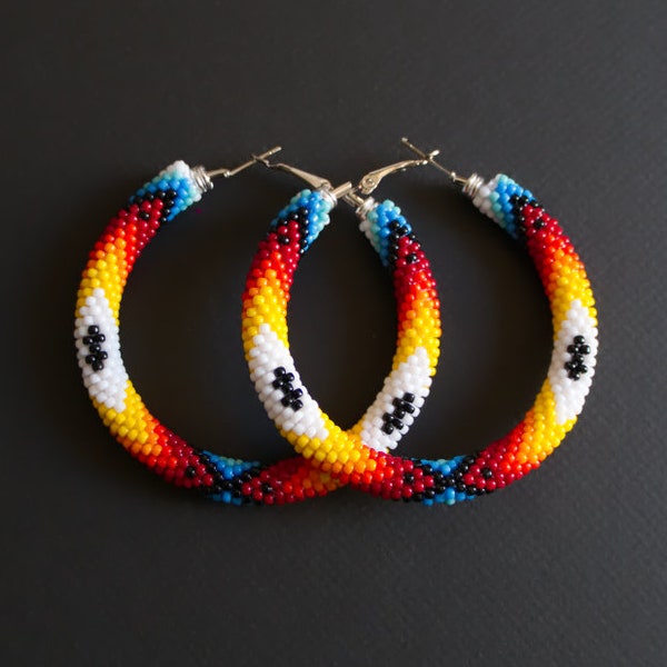 Colorful Native Style Earrings, Beaded Hoop Earrings, Native Hoop Earrings, Boho Hoops, Colorful Hoop Earrings  MADE TO ORDER