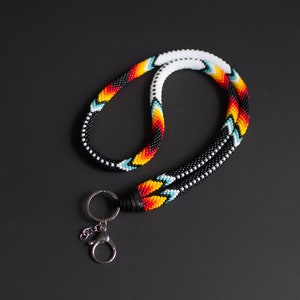 Leather Breaded Lanyard Native Style Lanyard Black and White Ethnic Lanyard, Badge Holder, Beaded Id Holder, ID Card Necklace MADE TO Order