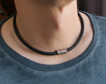 Thick Braided Leather Necklace, Mens Leather Necklace, Stainless Steel, Magnetic Clasp Necklace, Mens Jewelry, Chunky Leather Necklace