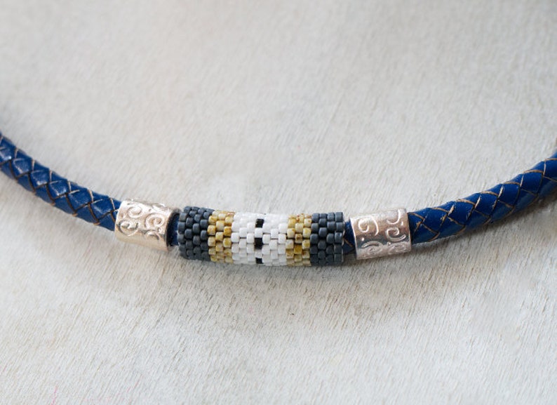 Unisex Beaded Necklace Blue Leather Choker Red White Necklace Hipster Necklace Blue Braided Leather Cord Necklace Seed Bead Choker