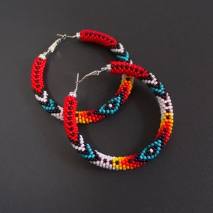 Red and Turquoise Native Style Earrings, Ethnic Inspired Hoop Earrings, Big Hoops, Bead Crochet Hoops, Ethnic Beadwork Hoops MADE TO ORDER