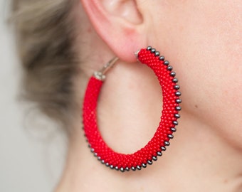 Red Hoop Earrings, Red Steampunk Earrings, Red and Black Hoop Earrings, Red Beaded Hoops, Chic Hoops,  Red Spiky Earrings MADE TO ORDER