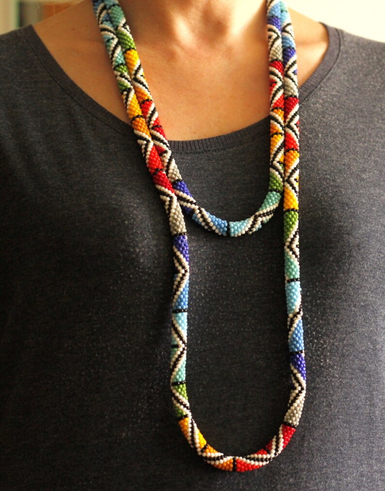 African Inspired Necklace Extra Long Bead Crochet Necklace Etsy