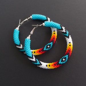 Turquoise Native Style Earrings, Ethnic Style Hoop Earrings, Southwestern Style Hoops, Bead Crochet Hoops, Ethnic Beadwork MADE TO ORDER image 2