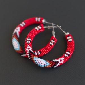 Red Folk Hoop Earrings, Native Style Earrings, Ethnic Style Hoop Earrings, Big Hoops, Beaded Hoops, Ethnic Beadwork Hoops MADE TO ORDER