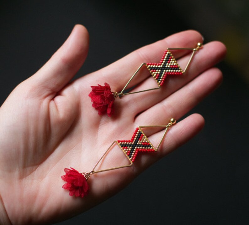Himmeli Inspired Earrings Boho Floral Earrings Boho Chic Earrings Red and Gold Ethnic Earrings Geometric Earrings Golden Earrings