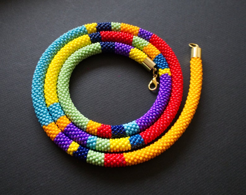 Ethnic Jewelry Long Bead Crochet Necklace Rainbow Wrap Necklace Multicolor Long Wrap Necklace Colorful African Style Necklace
